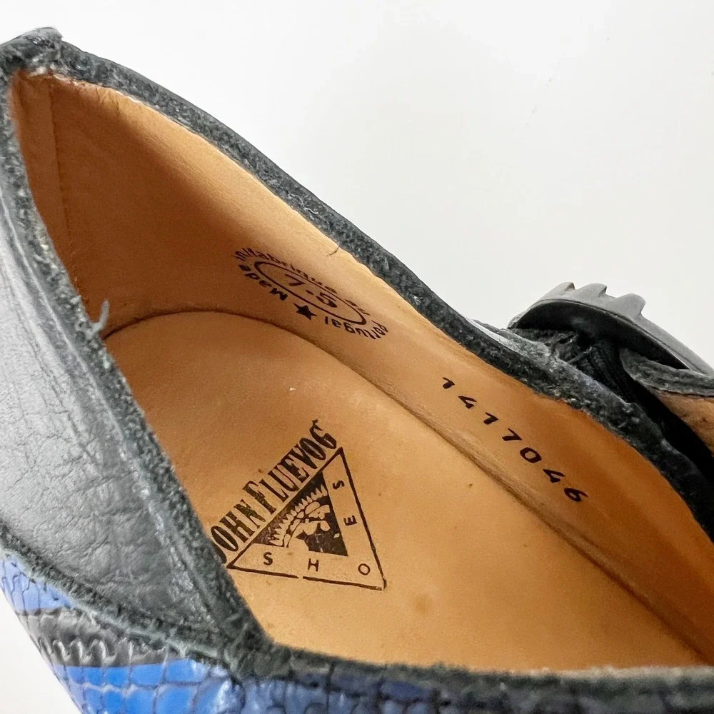 John Fluevog Mary Janes Heels 7.5 Blue Black Prepare Leader Striped Leather